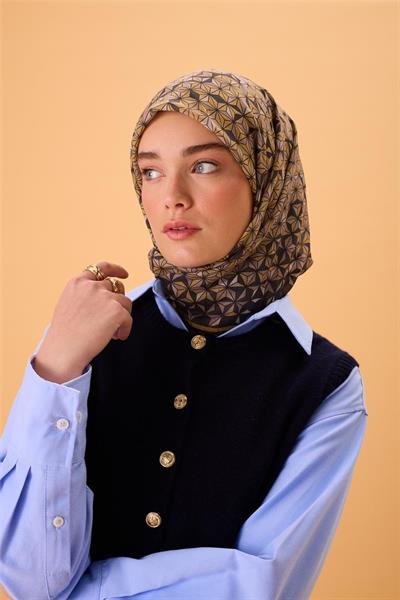 İnce Pamuk Soft Eşarp Antrasit-Bej Geometrik Desenli Tok Duruşlu 90x90