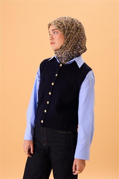 İnce Pamuk Soft Eşarp Antrasit-Bej Geometrik Desenli Tok Duruşlu 90x90