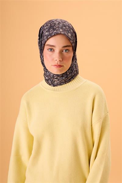 İnce Pamuk Soft Eşarp Antrasit-Bej Geometrik Desenli Tok Duruşlu 90x90