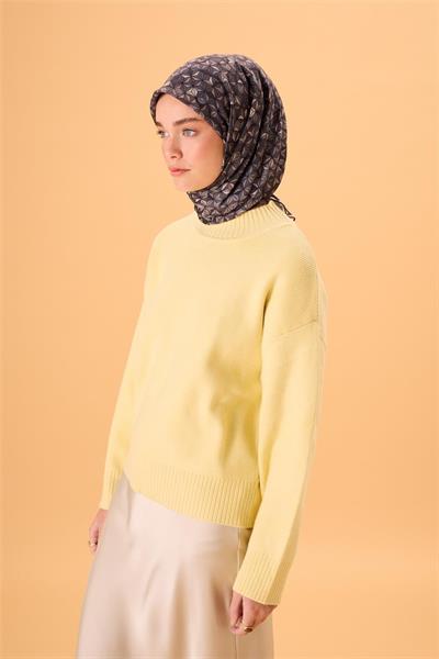 İnce Pamuk Soft Eşarp Antrasit-Bej Geometrik Desenli Tok Duruşlu 90x90