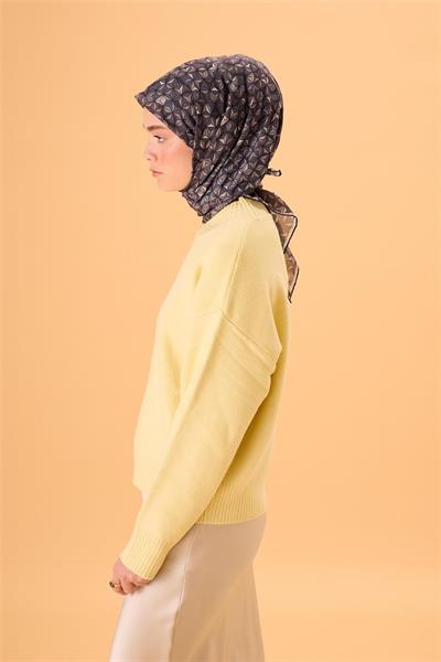 İnce Pamuk Soft Eşarp Antrasit-Bej Geometrik Desenli Tok Duruşlu 90x90