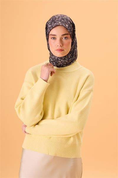 İnce Pamuk Soft Eşarp Antrasit-Bej Geometrik Desenli Tok Duruşlu 90x90