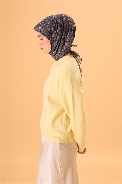 İnce Pamuk Soft Eşarp Antrasit-Bej Geometrik Desenli Tok Duruşlu 90x90