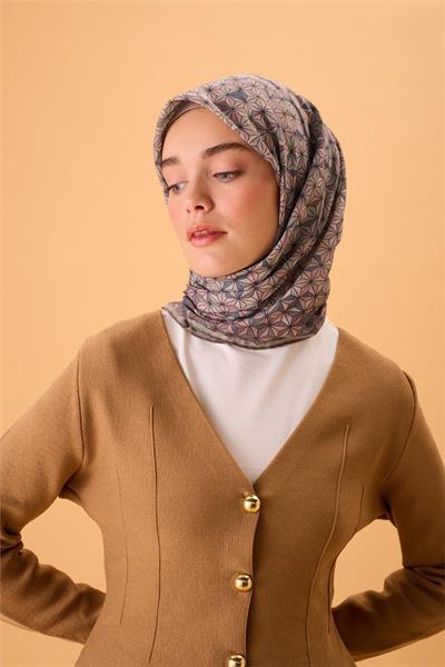 İnce Pamuk Soft Eşarp Vizon-Pembe Geometrik Desenli Tok Duruşlu 90x90