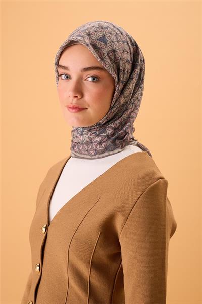 İnce Pamuk Soft Eşarp Vizon-Pembe Geometrik Desenli Tok Duruşlu 90x90