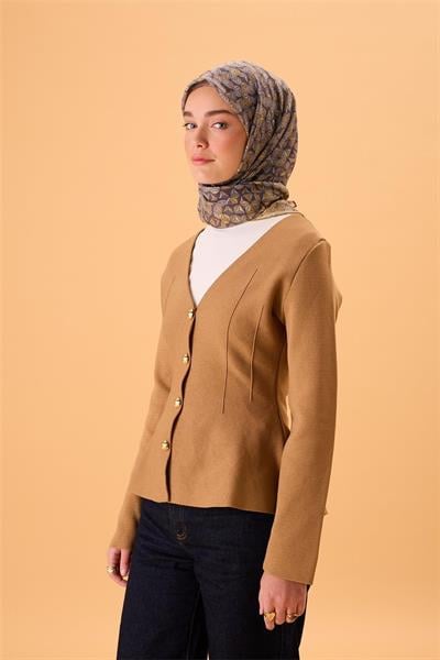 İnce Pamuk Soft Eşarp Hardal Koyu Vizon Gri Sarı Desenli Kaymaz Dokulu Tok Duruşlu 90x90