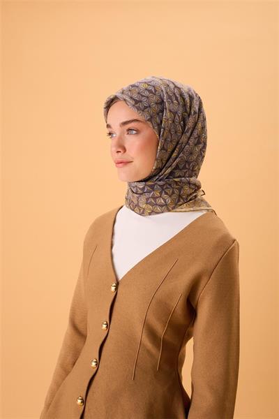 İnce Pamuk Soft Eşarp Hardal Koyu Vizon Gri Sarı Desenli Kaymaz Dokulu Tok Duruşlu 90x90
