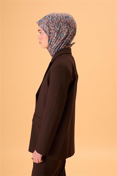 İnce Pamuk Soft Eşarp Turuncu Koyu Vizon Mavi Vizon Desenli Kaymaz Dokulu Tok Duruşlu 90x90