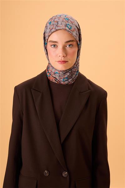 İnce Pamuk Soft Eşarp Turuncu Koyu Vizon Mavi Vizon Desenli Kaymaz Dokulu Tok Duruşlu 90x90