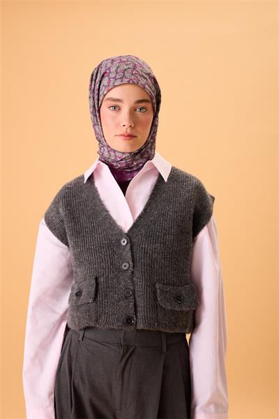 İnce Pamuk Soft Eşarp Violet Koyu Vizon Krem Pembe Desenli Kaymaz Dokulu Tok Duruşlu 90x90