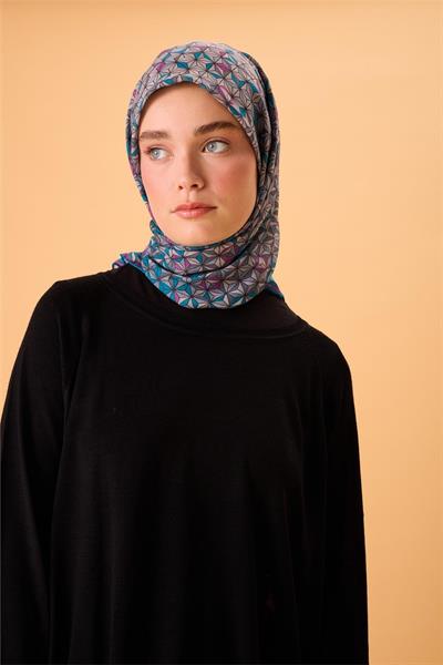 İnce Pamuk Soft Eşarp Turkuaz Violet Gri Krem Desenli Kaymaz Dokulu Tok Duruşlu 90x90