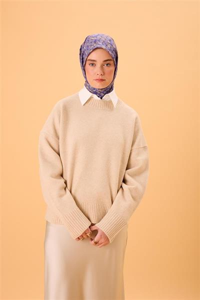 İnce Pamuk Soft Eşarp Mor-Vizon Geometrik Desenli Nefes Alan 90x90