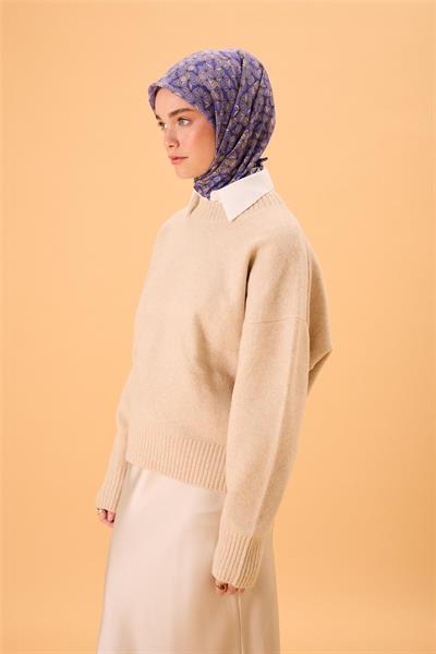 İnce Pamuk Soft Eşarp Mor-Vizon Geometrik Desenli Nefes Alan 90x90