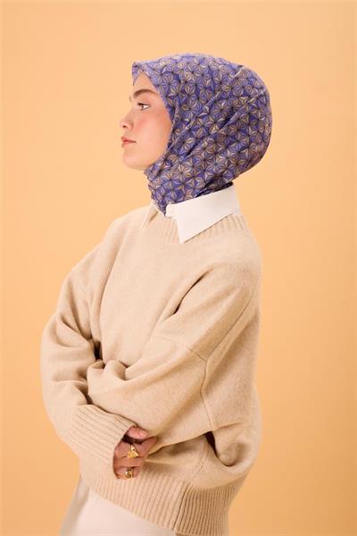 İnce Pamuk Soft Eşarp Mor-Vizon Geometrik Desenli Nefes Alan 90x90