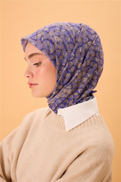 İnce Pamuk Soft Eşarp Mor-Vizon Geometrik Desenli Nefes Alan 90x90