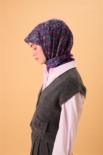 İnce Pamuk Soft Eşarp Mor-Fıstık Yeşili-Gri-Fuşya Desenli Nefes Alan Kaymaz Dokulu 90x90