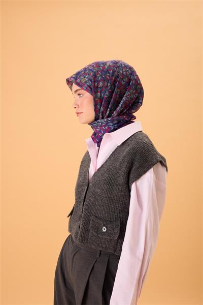 İnce Pamuk Soft Eşarp Mor-Fıstık Yeşili-Gri-Fuşya Desenli Nefes Alan Kaymaz Dokulu 90x90
