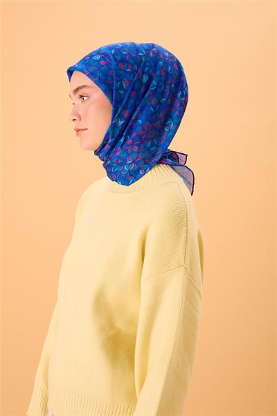 İnce Pamuk Soft Eşarp Saks-Lacivert-Patina-Mint-Fuşya Desenli Nefes Alan Kaymaz Dokulu 90x90