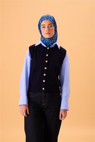 İnce Pamuk Soft Eşarp Saks-Gök Mavi-Buz Mavi-Lacivert Desenli Nefes Alan Kaymaz Dokulu 90x90