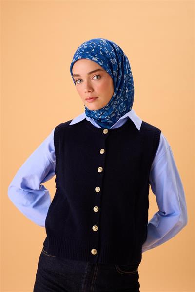 İnce Pamuk Soft Eşarp Saks-Gök Mavi-Buz Mavi-Lacivert Desenli Nefes Alan Kaymaz Dokulu 90x90