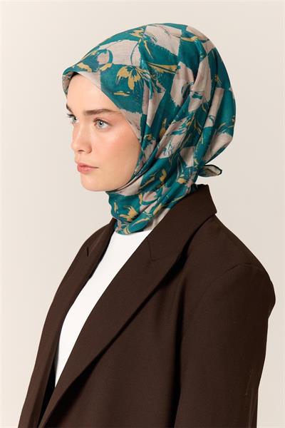 İnce Pamuk Soft Eşarp Zümrüt-Nescafe Desenli Nefes Alan Tok Duruşlu 90x90