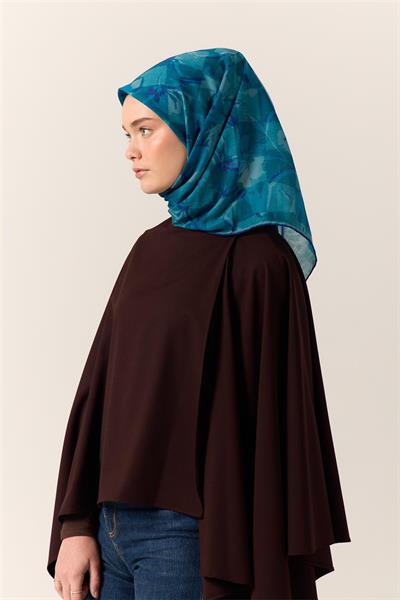 İnce Pamuk Soft Eşarp Lacivert-Turkuaz Desenli Nefes Alan Tok Duruşlu 90x90