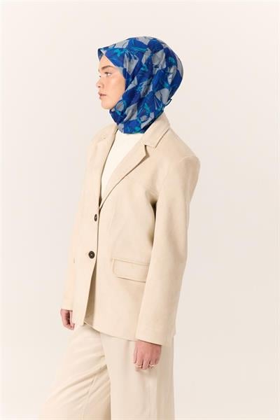 İnce Pamuk Soft Eşarp Saks-Turkuaz Desenli Nefes Alan Tok Duruşlu 90x90