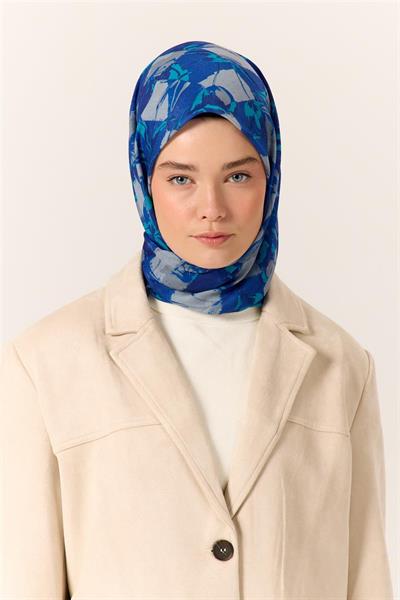 İnce Pamuk Soft Eşarp Saks-Turkuaz Desenli Nefes Alan Tok Duruşlu 90x90