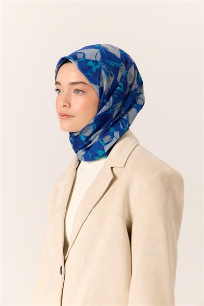 İnce Pamuk Soft Eşarp Saks-Turkuaz Desenli Nefes Alan Tok Duruşlu 90x90