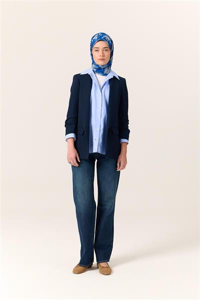 İnce Pamuk Soft Eşarp Saks-Gümüş Desenli Nefes Alan Tok Duruşlu 90x90