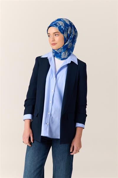 İnce Pamuk Soft Eşarp Saks-Gümüş Desenli Nefes Alan Tok Duruşlu 90x90