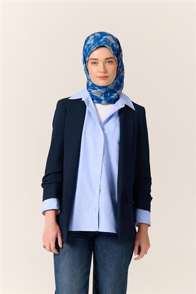 İnce Pamuk Soft Eşarp Saks-Gri Desenli Nefes Alan Tok Duruşlu 90x90