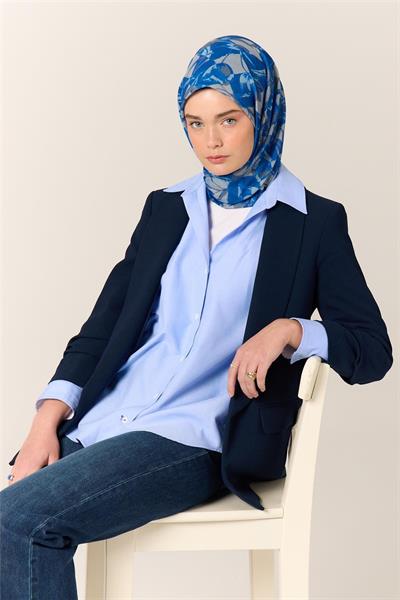 İnce Pamuk Soft Eşarp Saks-Gri Desenli Nefes Alan Tok Duruşlu 90x90