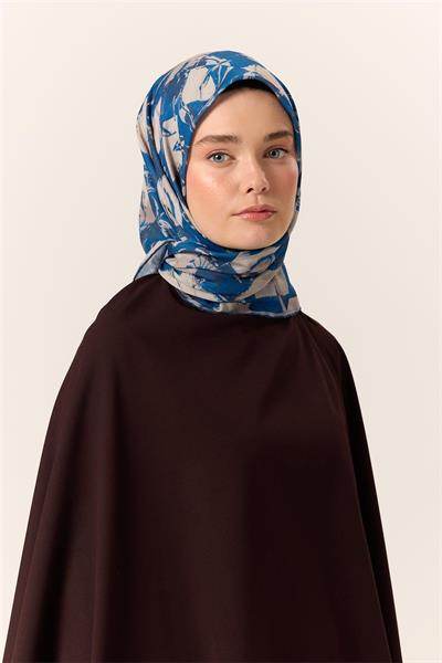 İnce Pamuklu Soft Eşarp Saks-Bej Desenli Nefes Alan Tok Duruşlu 90x90