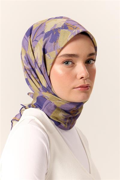 İnce Pamuk Soft Eşarp Eflatun-Mor Desenli Nefes Alan Tok Duruşlu 90x90