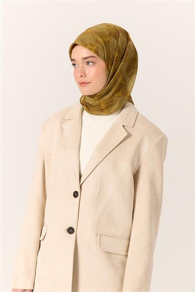 İnce Pamuk Soft Eşarp Kimyon-Yeşil Desenli Nefes Alan Tok Duruşlu 90x90