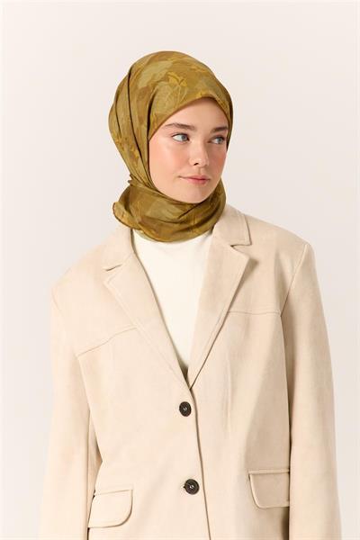 İnce Pamuk Soft Eşarp Kimyon-Yeşil Desenli Nefes Alan Tok Duruşlu 90x90