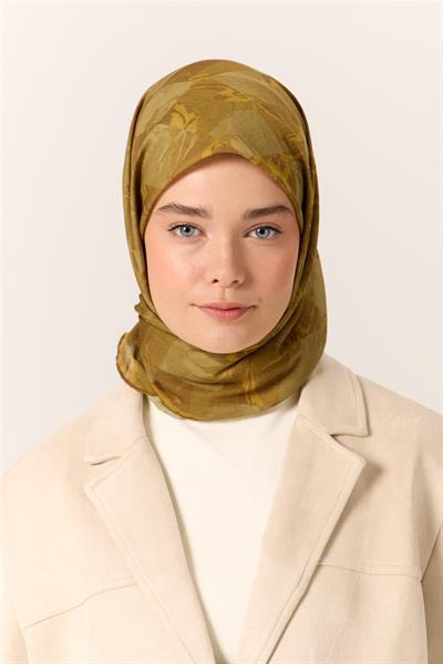 İnce Pamuk Soft Eşarp Kimyon-Yeşil Desenli Nefes Alan Tok Duruşlu 90x90