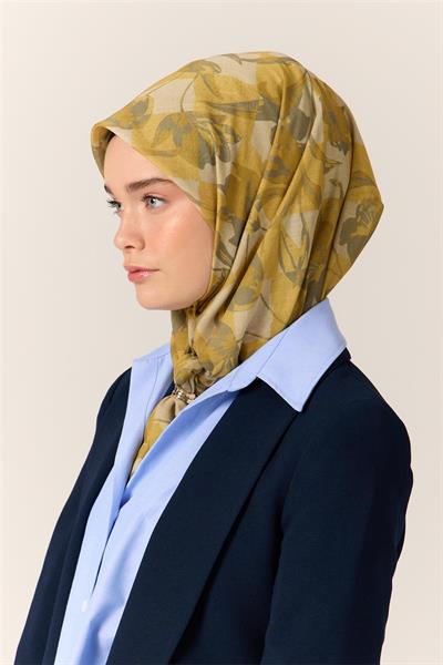 İnce Pamuk Soft Eşarp Hardal-Olive Yaprak Desenli Nefes Alan Tok Duruşlu 90x90
