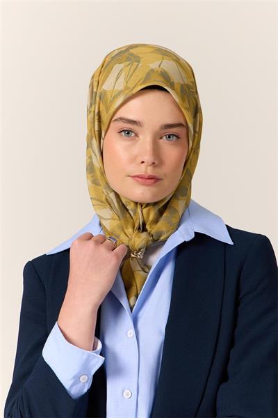 İnce Pamuk Soft Eşarp Hardal-Olive Yaprak Desenli Nefes Alan Tok Duruşlu 90x90