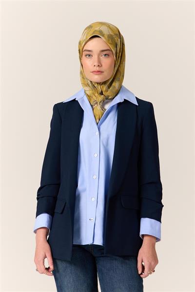 İnce Pamuk Soft Eşarp Hardal-Olive Yaprak Desenli Nefes Alan Tok Duruşlu 90x90