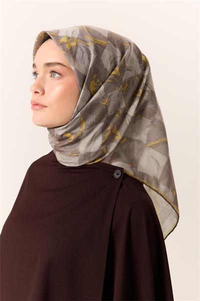 İnce Pamuk Soft Eşarp Vizon-Sarı Yaprak Desenli Nefes Alan Tok Duruşlu 90x90