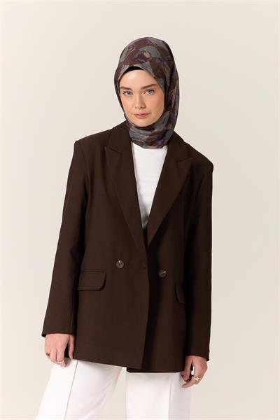 İnce Pamuk Soft Eşarp Acı Kahve-Eflatun Desenli Kaymaz Dokulu Tok Duruşlu 90x90