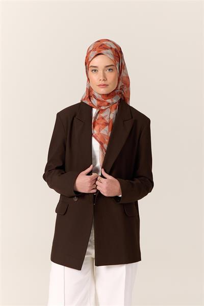 İnce Pamuk Soft Eşarp Turuncu-Mürdüm Desenli Kaymaz Dokulu Tok Duruşlu 90x90