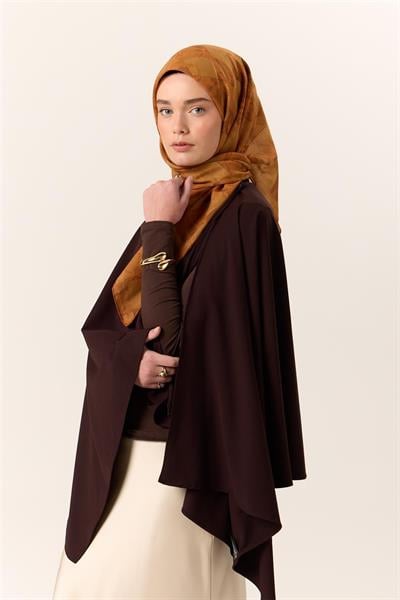 İnce Pamuk Soft Eşarp Turuncu-Taba Desenli Kaymaz Dokulu Tok Duruşlu 90x90