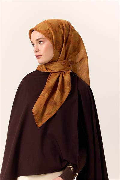 İnce Pamuk Soft Eşarp Turuncu-Taba Desenli Kaymaz Dokulu Tok Duruşlu 90x90