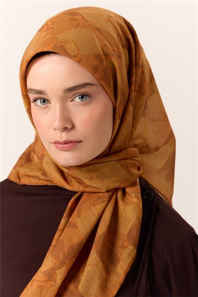 İnce Pamuk Soft Eşarp Turuncu-Taba Desenli Kaymaz Dokulu Tok Duruşlu 90x90