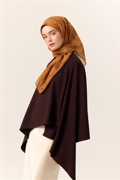 İnce Pamuk Soft Eşarp Turuncu-Taba Desenli Kaymaz Dokulu Tok Duruşlu 90x90