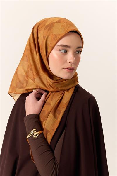 İnce Pamuk Soft Eşarp Turuncu-Taba Desenli Kaymaz Dokulu Tok Duruşlu 90x90