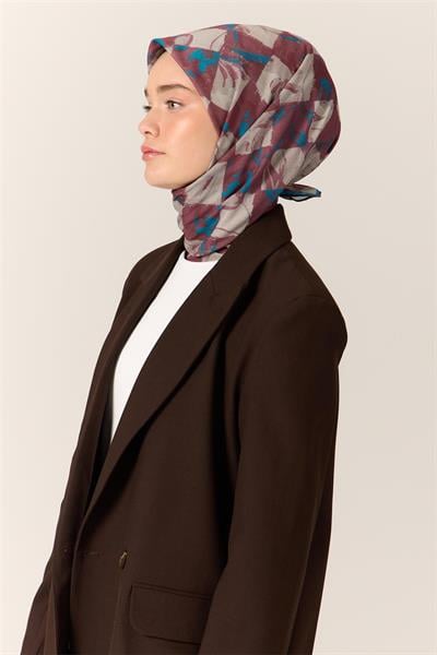 İnce Pamuk Soft Eşarp Turkuaz-Gül Kurusu Desenli Kaymaz Dokulu Tok Duruşlu 90x90
